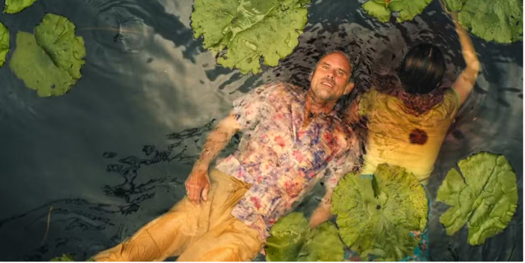 Image of Rick (Walton Goggings) and Chelsea’s (Aimee Lou Wood) tragic death scene in The White Lotus. Photo by HBO.