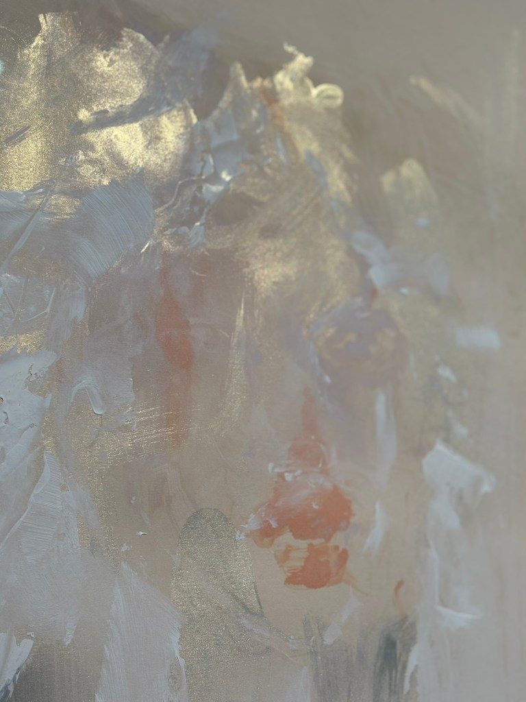 An abstract painting featuring strokes of white, gold, and muted colors, creating a textured, layered appearance. Painting by Bianca Raffaella.