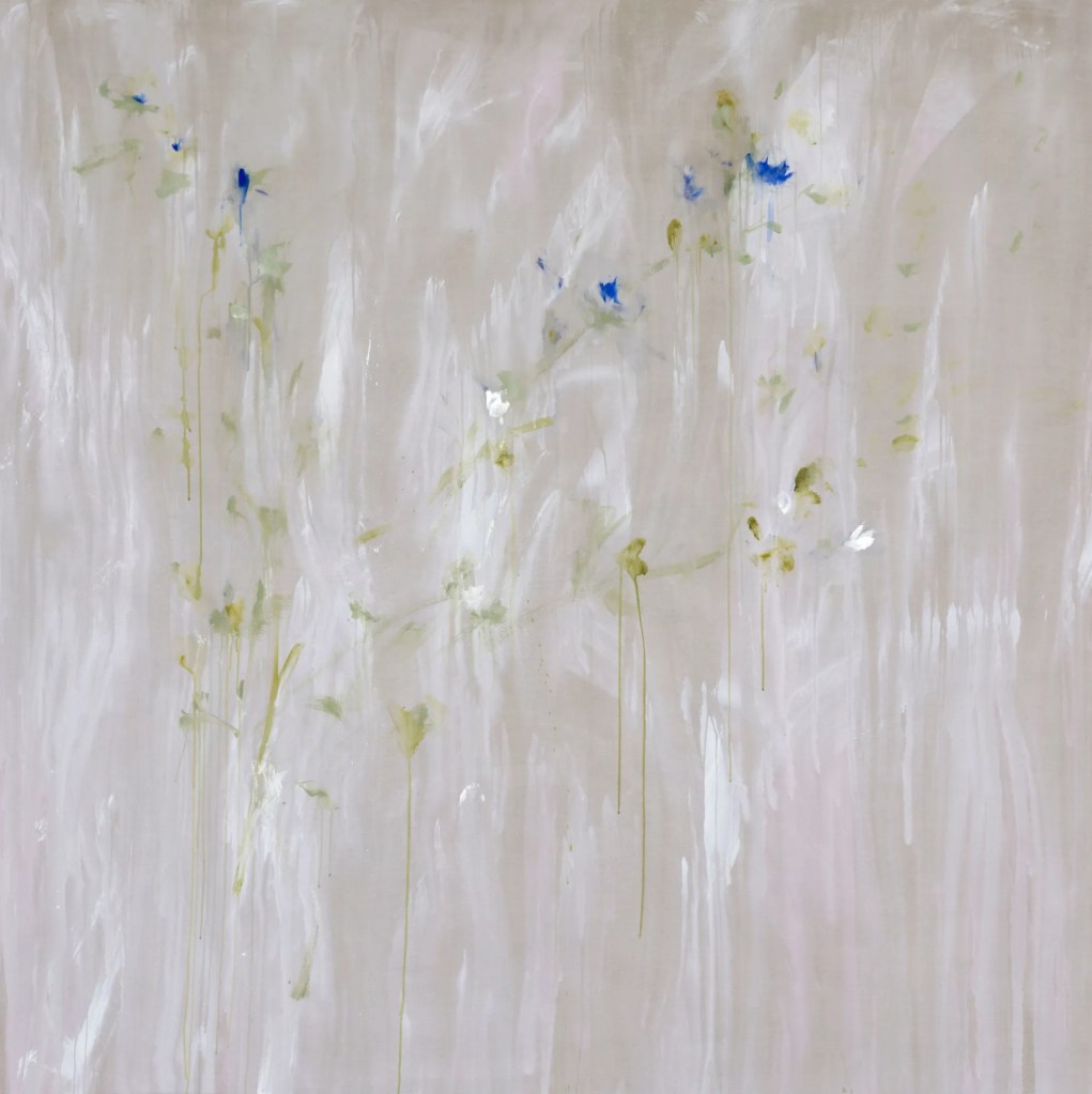 Abstract painting featuring soft brush strokes in shades of white, cream, and pale green, with hints of blue and small white flowers, creating a serene and dreamy atmosphere. Painting by Bianca Raffaella.