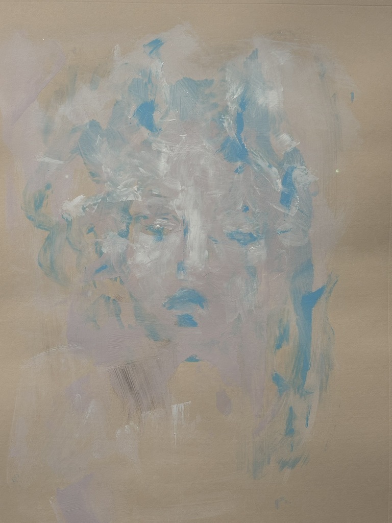 An abstract painting featuring a face with a light color palette, predominantly blue and white hues, on a brown paper background. Painting by Bianca Raffaella.