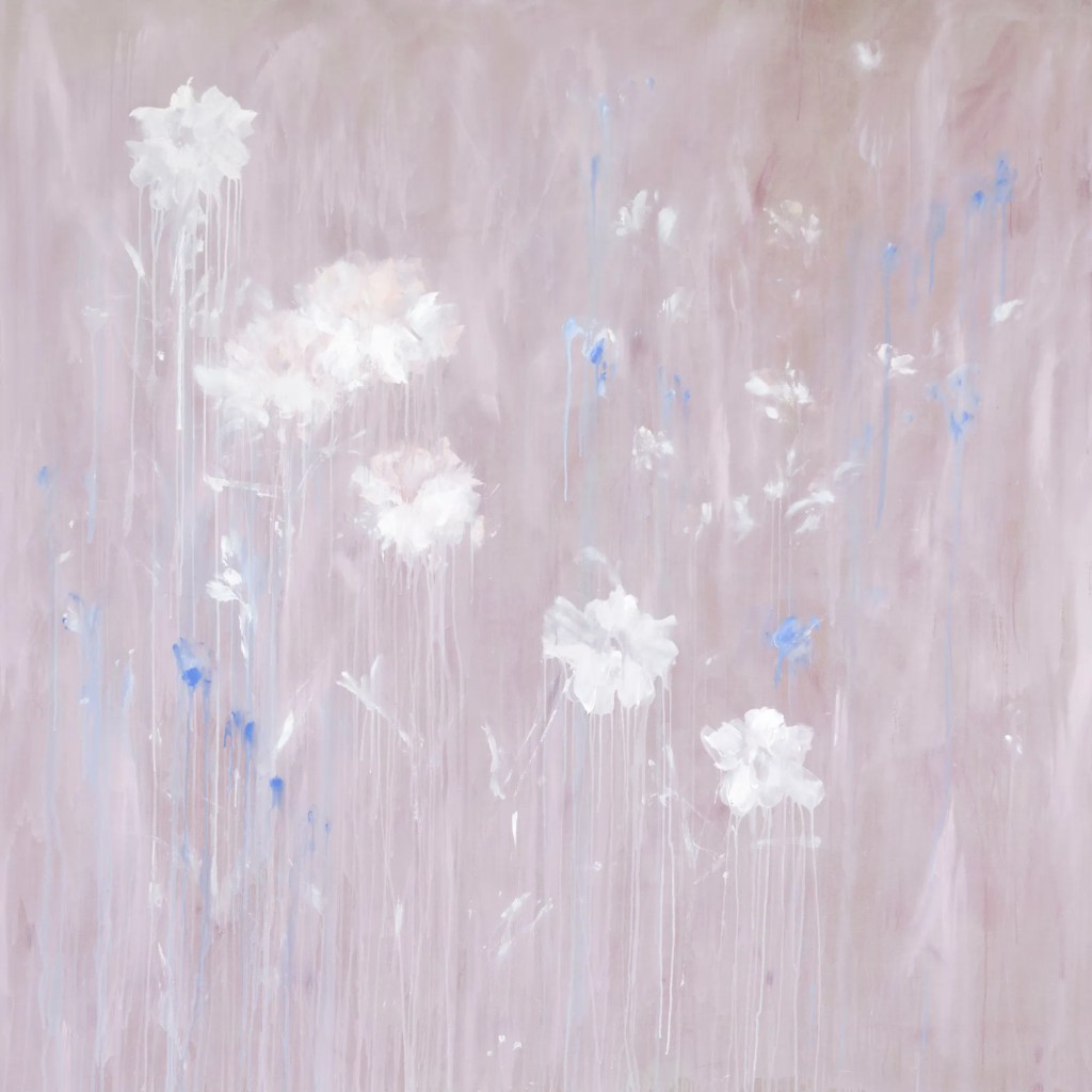 A soft, abstract painting featuring white flowers with delicate blue accents against a muted pink background. Painting by Bianca Raffaella.