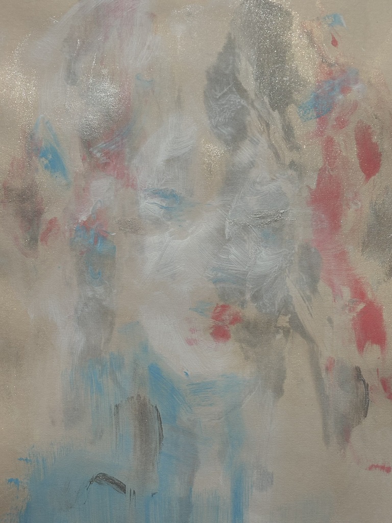 Abstract painting with soft brush strokes in shades of blue, red, and silver, creating a textured and layered effect on a neutral background. Painting by Bianca Raffaella.