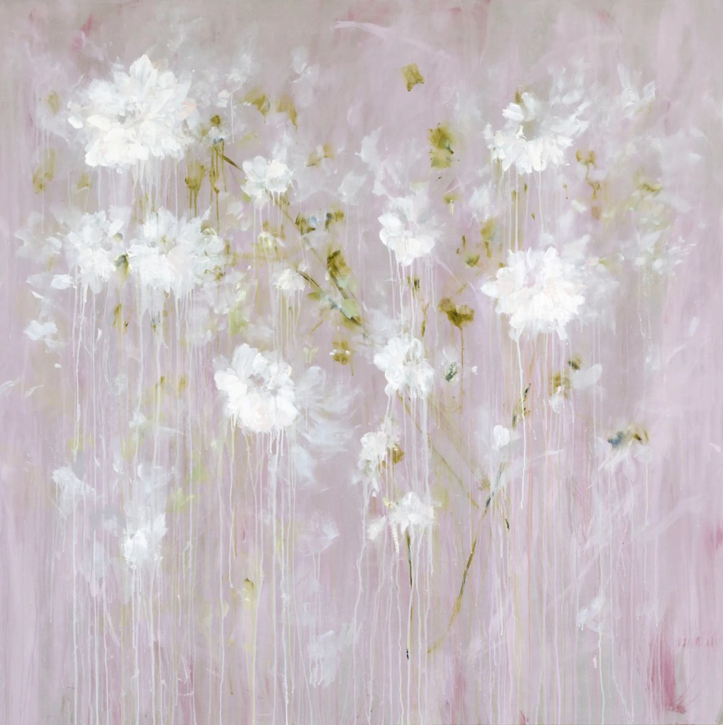 Abstract painting of white flowers against a soft pink background, with delicate brush strokes and drips of paint for a dreamy effect. Painting by Bianca Raffaella.